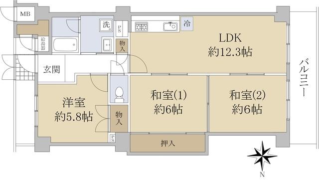 パラツィーナセシリア第2甲陽園(3LDK/5階)の間取り写真