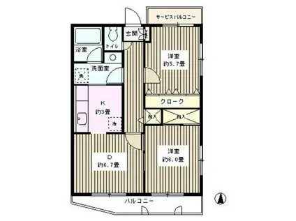 メゾンドボヌール梅島(2DK/3階)の間取り写真