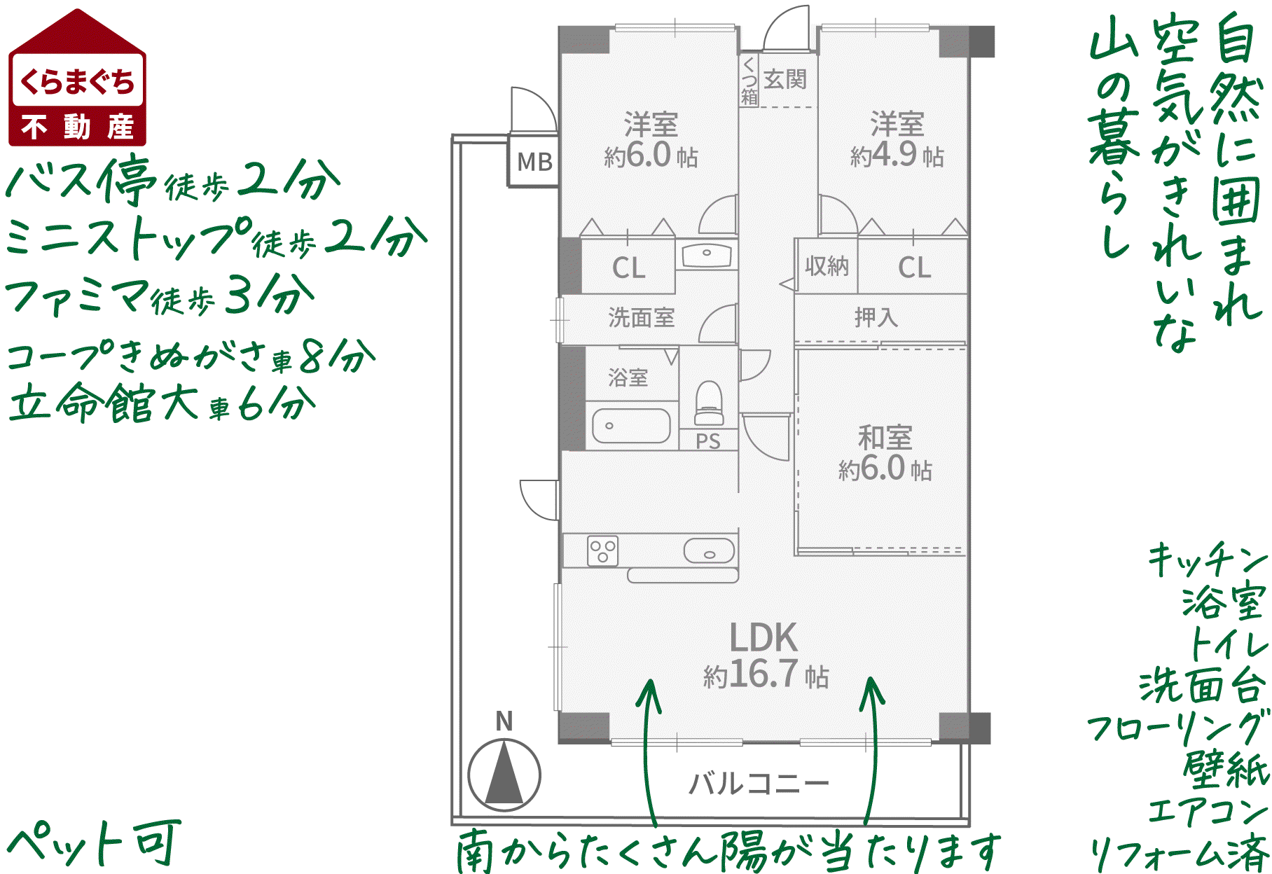 サンステージ衣笠(3LDK/4階)の間取り写真