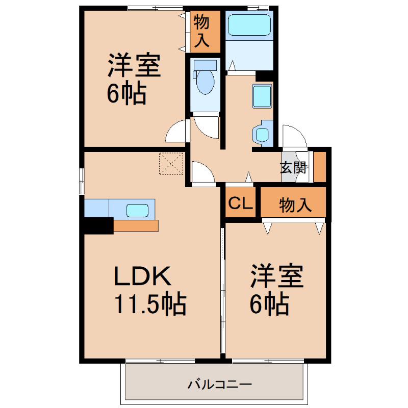 セジュール札元 B棟(2LDK/2階)の間取り写真