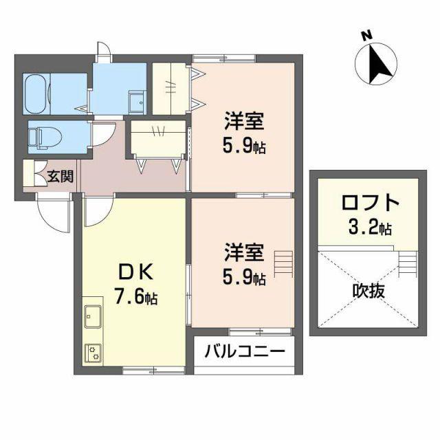 ルナハイム一本松(2DK/2階)の間取り写真
