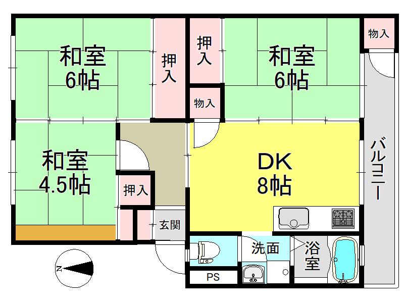 日立造船尺土団地 1棟(3DK/4階)の間取り写真