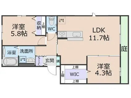 スカイヒルズ(2LDK/1階)の間取り写真