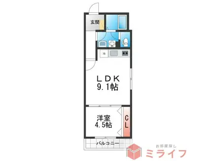 アルカンシエルコート緑橋(1LDK/1階)の間取り写真