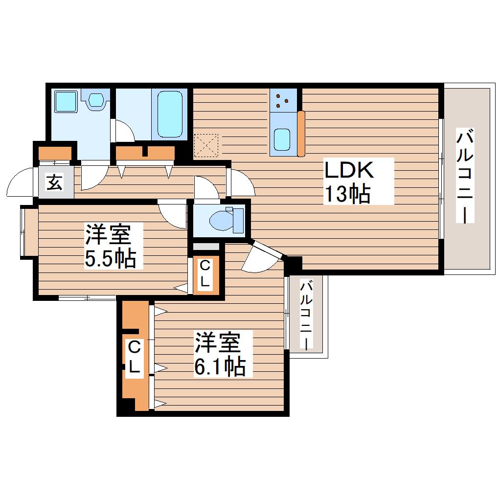 エレット長町(2LDK/13階)の間取り写真