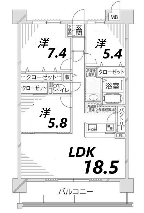 キャッスルコート田寺東(3LDK/7階)の間取り写真