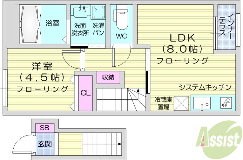 翠月荘 つむぎ(1LDK/2階)の間取り写真
