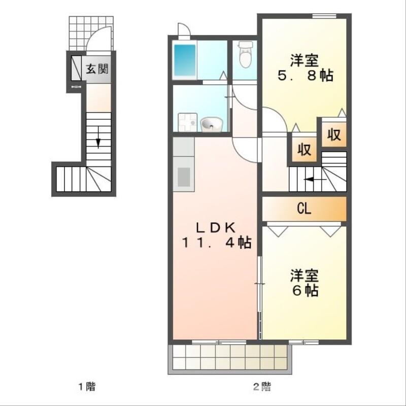 フレシール天伯C(2LDK/2階)の間取り写真