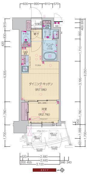 プレサンス江坂ベルフィーヌ(1DK/4階)の間取り写真