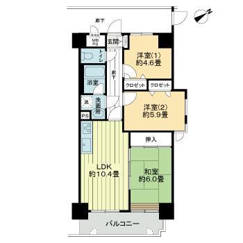 ライオンズマンション長町第2(3LDK/2階)の間取り写真