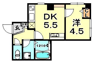 LEAFY北野(1DK/2階)の間取り写真