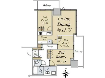 大崎駅西口F南地区市街地再開発(3LDK/7階)の間取り写真