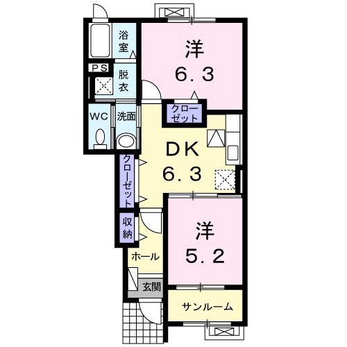 ランドルフII(2DK/1階)の間取り写真