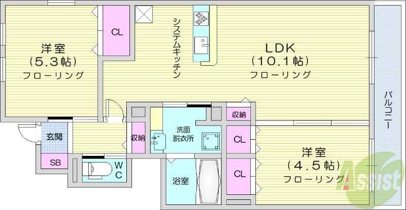 トリシア中條 A(2LDK/1階)の間取り写真