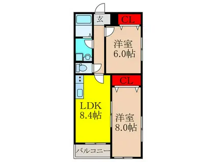 クレセル利倉東I(2LDK/2階)の間取り写真