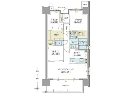 サーパス富山三番町レジデンス(3LDK/11階)の間取り写真