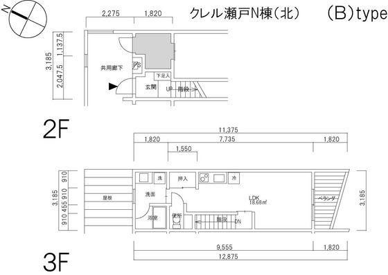 クレル瀬戸 N棟(ワンルーム/2階)の間取り写真