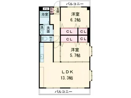 風の杜 北館(2LDK/2階)の間取り写真