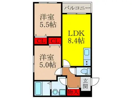 クレセル利倉東II(2LDK/2階)の間取り写真
