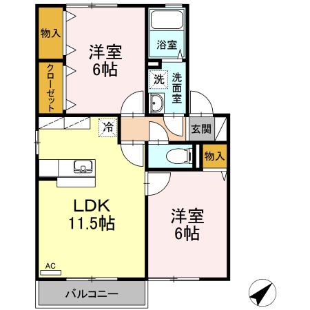 メルベーユコートA棟(2LDK/2階)の間取り写真