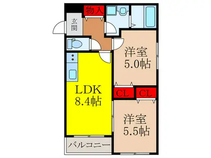 クレセル利倉東II(2LDK/2階)の間取り写真