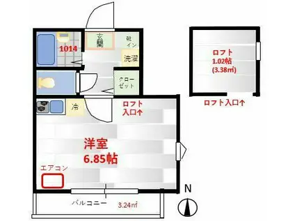 アルカディアK.K北新横浜(1SK/2階)の間取り写真