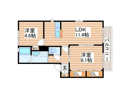 ディアコート名取B(2LDK/2階)の間取り写真