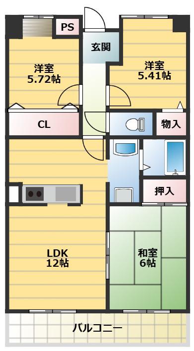 セレコート住道(3LDK/5階)の間取り写真