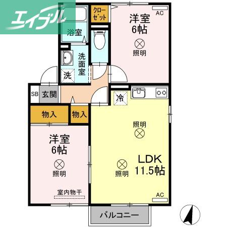 ペガサスB棟(2LDK/2階)の間取り写真