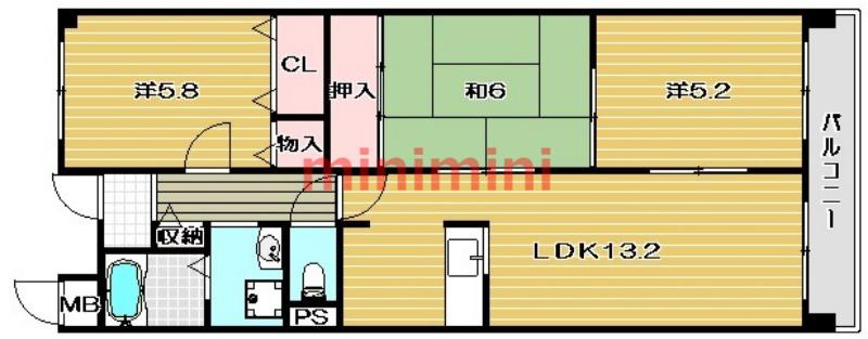 グリーンヒルズ高槻(3LDK/3階)の間取り写真