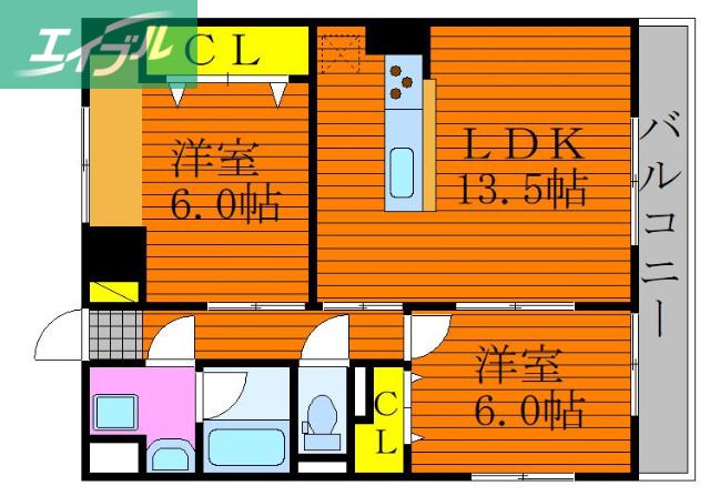グランスクエア岡山駅西(2LDK/7階)の間取り写真