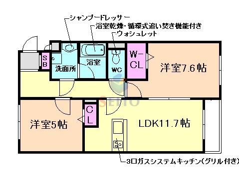 ルセリア豊中(2LDK/2階)の間取り写真