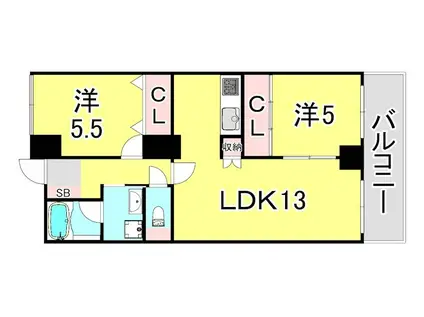 ワコーレアベニュー兵庫(2LDK/2階)の間取り写真