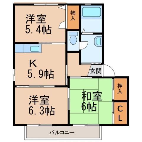 JR和歌山線 岩出駅 徒歩62分 2階建 築27年(3K/2階)の間取り写真