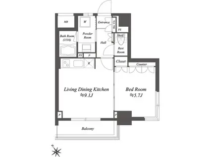 レジデンシャル目黒(1DK/9階)の間取り写真