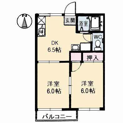 チューリップハイツB棟(2DK/2階)の間取り写真