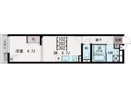 イクシオ横浜国大前(1DK/3階)の間取り写真