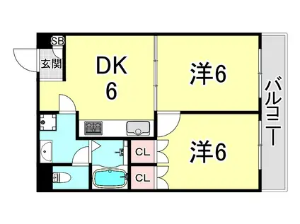 アルテシアン夙川(2DK/1階)の間取り写真