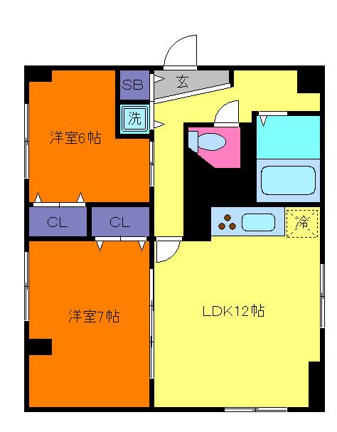 岡本野寄ハイツ(2LDK/1階)の間取り写真