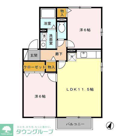 カームヒルズA・B(2LDK/2階)の間取り写真