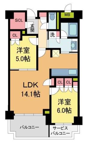 ルネグラン夙川北名次(2LDK/2階)の間取り写真
