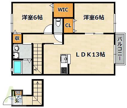 フレッツァ神戸山田B棟(2LDK/2階)の間取り写真