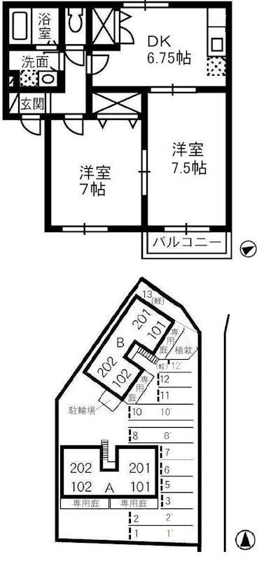 サンパティークB棟(2DK/2階)の間取り写真