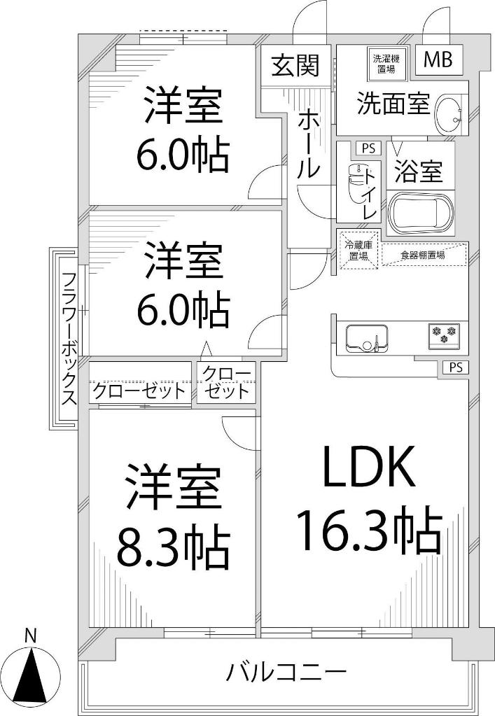 ヒルサイドテラス北平野(3LDK/2階)の間取り写真