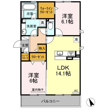 ヒルズ ガーデン B棟(2LDK/2階)の間取り写真