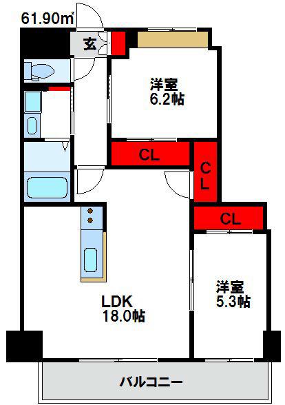 ニューリバー福間(2LDK/10階)の間取り写真