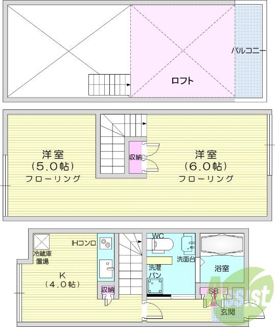エクセルシャトー国見B棟(2K/1階)の間取り写真