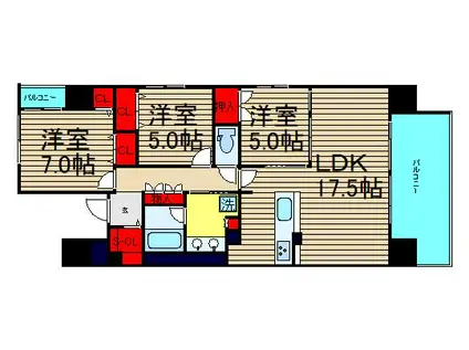 プレサンスロジェ難波グランドウエスト(3LDK/10階)の間取り写真