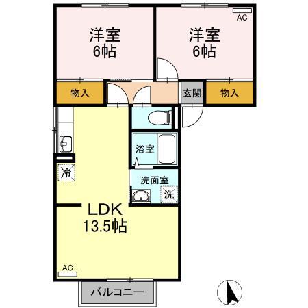 トゥインクルコート桑原B(2LDK/2階)の間取り写真