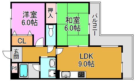 グリーンたちばな(2LDK/6階)の間取り写真